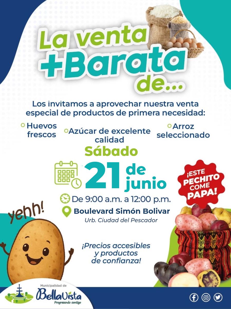 ¡Atención vecinos! Los esperamos este sábado 21 de 9:00 am. a 12 m. en el Boulevard Simón Bolívar para aprovechar precios especiales de huevos, azúcar, arroz y papa. 🛒 ¡Sigamos dándole vida a nuestro renovado Boulevard!