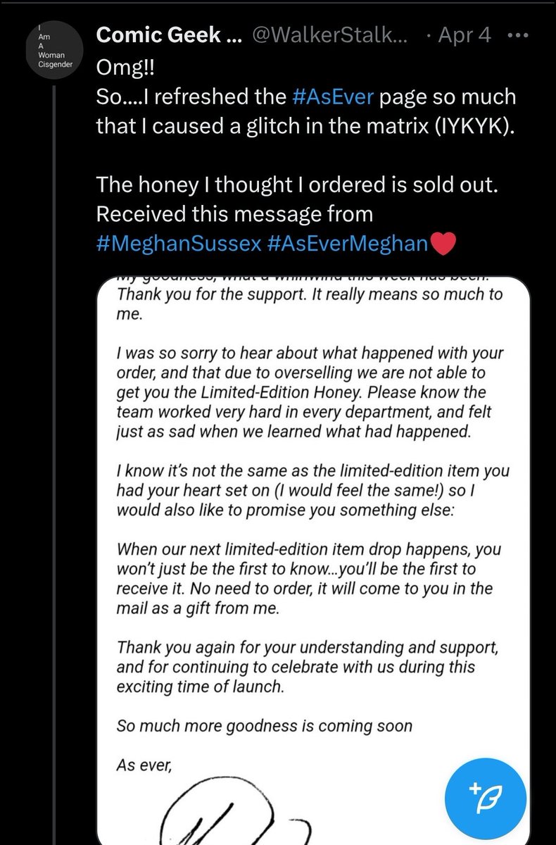WalkerStalker18's tweet image. Remember back in April when #MeghanSussex sent me this email after missing the honey sale? I checked my email after placing my orders and found this!! She sent me the honey AND spread as a gift!
Meghan Sussex is a class act!
She stands on business! I love her!!!😍
#AsEver