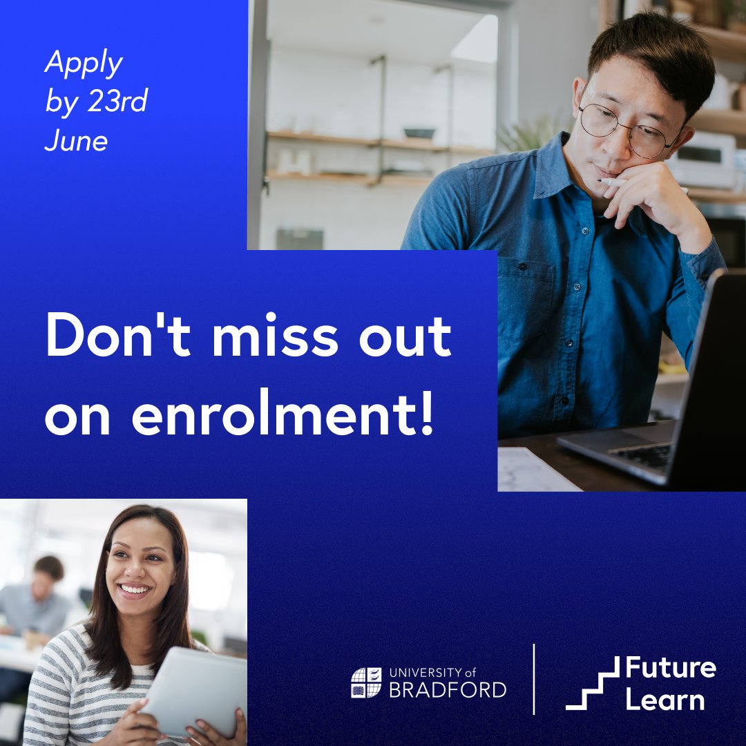 FutureLearn's tweet image. Thinking about your next step? Make it count with a degree from the @UniofBradford. Don&apos;t miss your chance, applications close soon!

Learn more and apply 🔗 bit.ly/4kCbzL6