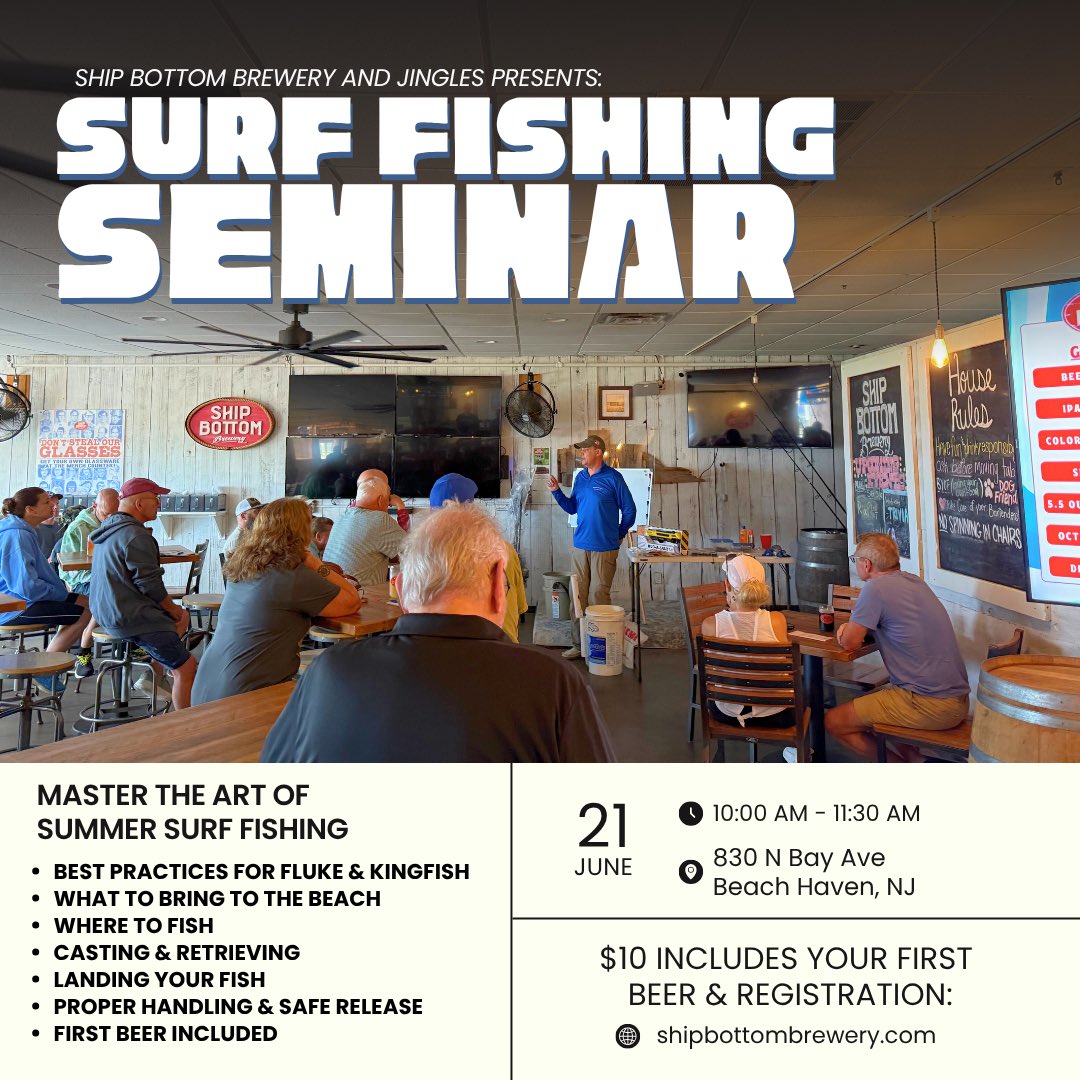 Surf Fishing Seminar tomorrow at the brewery!

Spots are limited, sign now with the link in bio! $10 to reserve your spot and your first beer is on us!

This month’s seminar will be hosted by Captain Steve Palmer.

shipbottombrewery.com/our-shop/fishi…