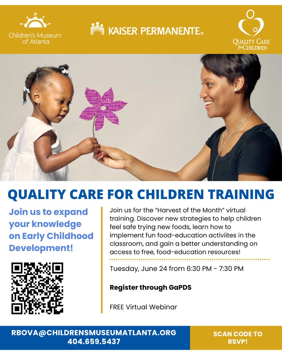 We are teaming up with the Children’s Museum of Atlanta to host a free, virtual Harvest of the Month training on Tuesday, June 24th from 6:30-7:30 PM. Register at gapds.decal.ga.gov and search with the training name “Harvest of the Month” or with the course code S-42247
