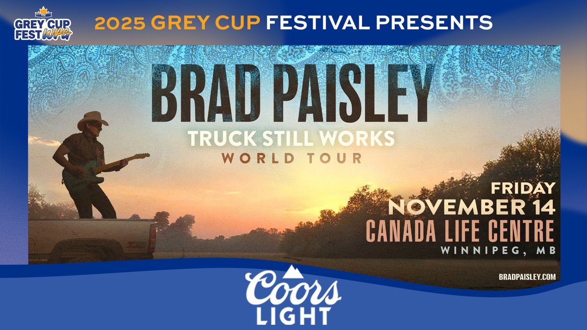 Tickets on sale now! Brad Paisley’s Truck Still Works World Tour at the 2025 Grey Cup Festival presented by Coors Light is rolling into Canada Life Centre on Friday, November 14th. Grab your tickets while they last at bit.ly/3G4IUPA