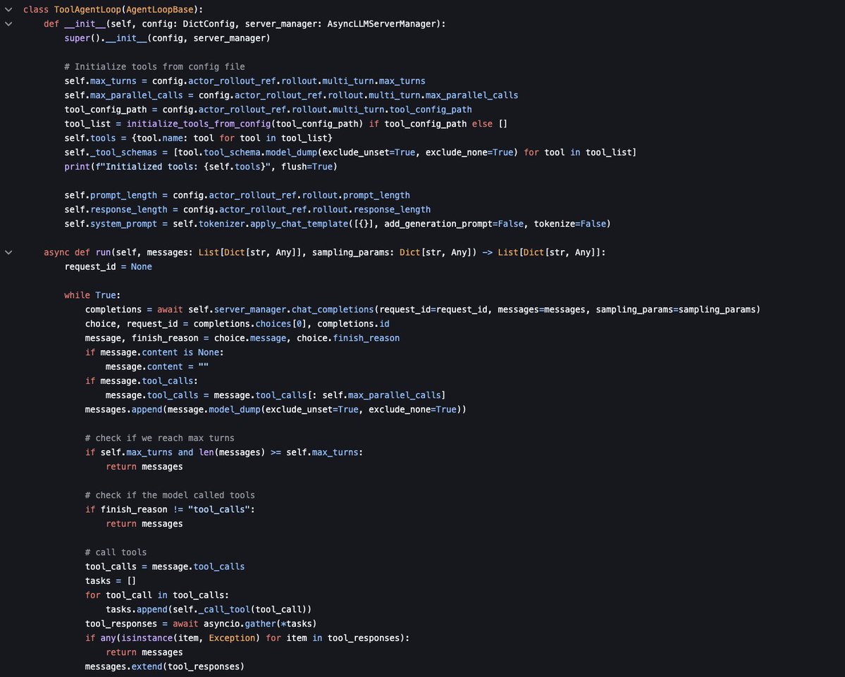 veRL added support for tool calling agents a few months ago, but now they are exceedingly streamlining it in clean loops with ultimate control in the user's hands👀