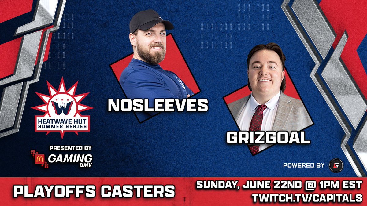 Caps Gaming (@capsgaming) on Twitter photo Your Playoffs Casters for the Caps Gaming Heatwave HUT Summer Series Presented by <a href="/McDonalds/">McDonald's</a>!
<a href="/NoSleevesGaming/">Cam / NoSleeves</a>
<a href="/GrizGoal/">GrizGoal 🎙️</a>
Watch the epic conclusion to our summer series this Sunday at 1pm on twitch.tv/capitals
Powered by <a href="/leaguegaming/">Leaguegaming</a> Your Playoffs Casters for the Caps Gaming Heatwave HUT Summer Series Presented by <a href="/McDonalds/">McDonald's</a>!
<a href="/NoSleevesGaming/">Cam / NoSleeves</a>
<a href="/GrizGoal/">GrizGoal 🎙️</a>
Watch the epic conclusion to our summer series this Sunday at 1pm on twitch.tv/capitals
Powered by <a href="/leaguegaming/">Leaguegaming</a>
