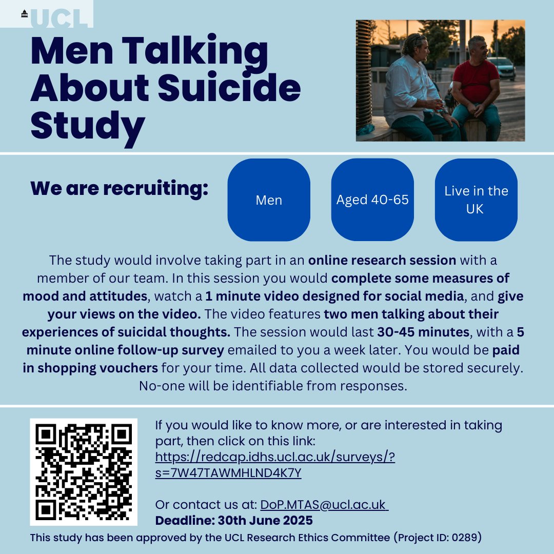 DrAPitman's tweet image. Are you a man aged 40-65 years & living in Wales? Do have a look at our @ucl @GrandChallenges research study & consider taking part. We want to know what men in #Wales think of our video: Men Talking About #Suicide. Click on this link to read more ucl.ac.uk/brain-sciences…