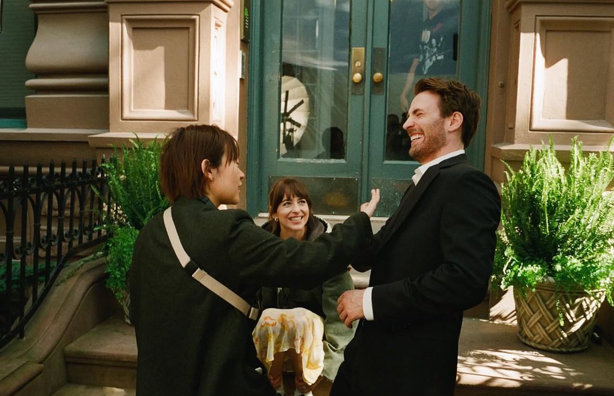 Chris Evans, Celine Song and Dakota Johnson behind the scenes of Materialists