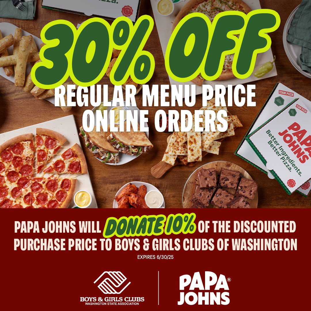 SEAPapaJohns's tweet image. Save 30% on regular menu price orders placed online, and we’ll give 10% back to Boys &amp;amp; Girls Clubs of Washington.

No code. No catch. Just pizza with purpose. 🙌💙
@washingtonclubs 

#PapaJohnsPugetSound #BetterCommunity #BoysAndGirlsClub #BetterPizza #PizzaWithPurpose