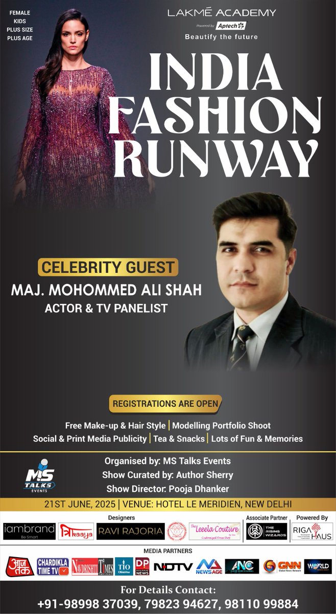 MajorAliShah's tweet image. Look forward to being a special guest at "India Fashion Runway" tomorrow
@LakmeFashionWk @XFashion @BoF @glamour_fashion @Fashionista_com @FashionWeek @fashionpressnet @StreetFashion01 @FashionPressJP @GladRags @media_gladrags @grasim @mrindia @Bollyhungama @ETCBollywood @ndtv