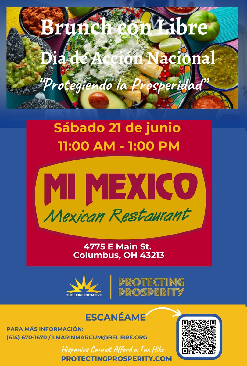 LibreOhio's tweet image. Join us this Saturday, June 21st for a National Day of Action Brunch with LIBRE to talk about Protecting Prosperity!

11am - 1pm at Mi Mexico
4775 E Main St.
Columbus, OH 43213