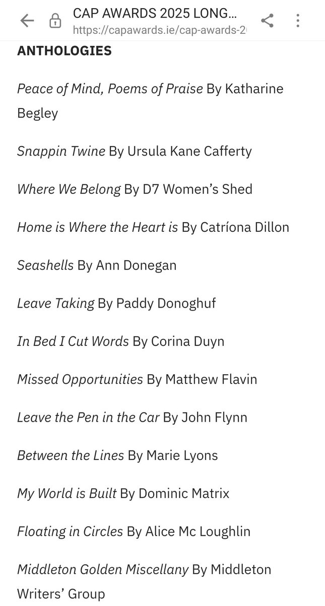 Paddy Donoghue (@paddyrun1) on Twitter photo What a way to begin the weekend - I am absolutely thrilled to share that my Poetry Collection has been long listed for the 2025 CAP Awards for Independent Authors - in the Anthologies (Poetry) section.
<a href="/welovedonegal/">WeLoveDonegal</a> <a href="/poetryireland/">Poetry Ireland / Éigse Éireann</a> <a href="/artscouncil_ie/">The Arts Council / An Chomhairle Ealaíon</a> <a href="/donegalcouncil/">Donegal County Council</a> <a href="/DonegalLibrary/">Donegal County Library</a> What a way to begin the weekend - I am absolutely thrilled to share that my Poetry Collection has been long listed for the 2025 CAP Awards for Independent Authors - in the Anthologies (Poetry) section.
<a href="/welovedonegal/">WeLoveDonegal</a> <a href="/poetryireland/">Poetry Ireland / Éigse Éireann</a> <a href="/artscouncil_ie/">The Arts Council / An Chomhairle Ealaíon</a> <a href="/donegalcouncil/">Donegal County Council</a> <a href="/DonegalLibrary/">Donegal County Library</a>