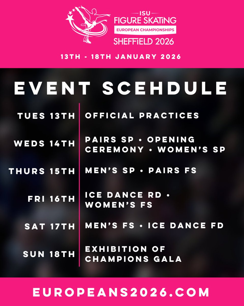 📣 The official schedule for the ISU European Figure Skating Championships 2026 is HERE! 

🎟️ TICKETS GO ON SALE THURSDAY 26th JUNE AT 10AM (UK time)

🗓️ View the full event schedule and be ready to book:
👉 europeans2026.com/ticketing

#EuroFigure #EuroSheffield2026 #FigureSkating