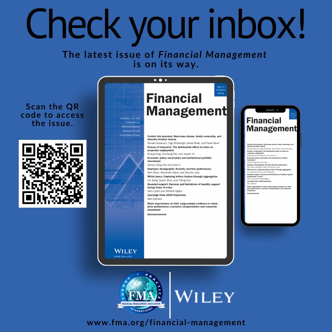 FMA International (@finmgmtassoc) on Twitter photo π¨ Check your inbox! The Summer 2025 (Volume 54, Issue 2) issue of Financial Management is now available.
π Access the issue: ow.ly/wfsy50We5La π¨ Check your inbox! The Summer 2025 (Volume 54, Issue 2) issue of Financial Management is now available.
π Access the issue: ow.ly/wfsy50We5La