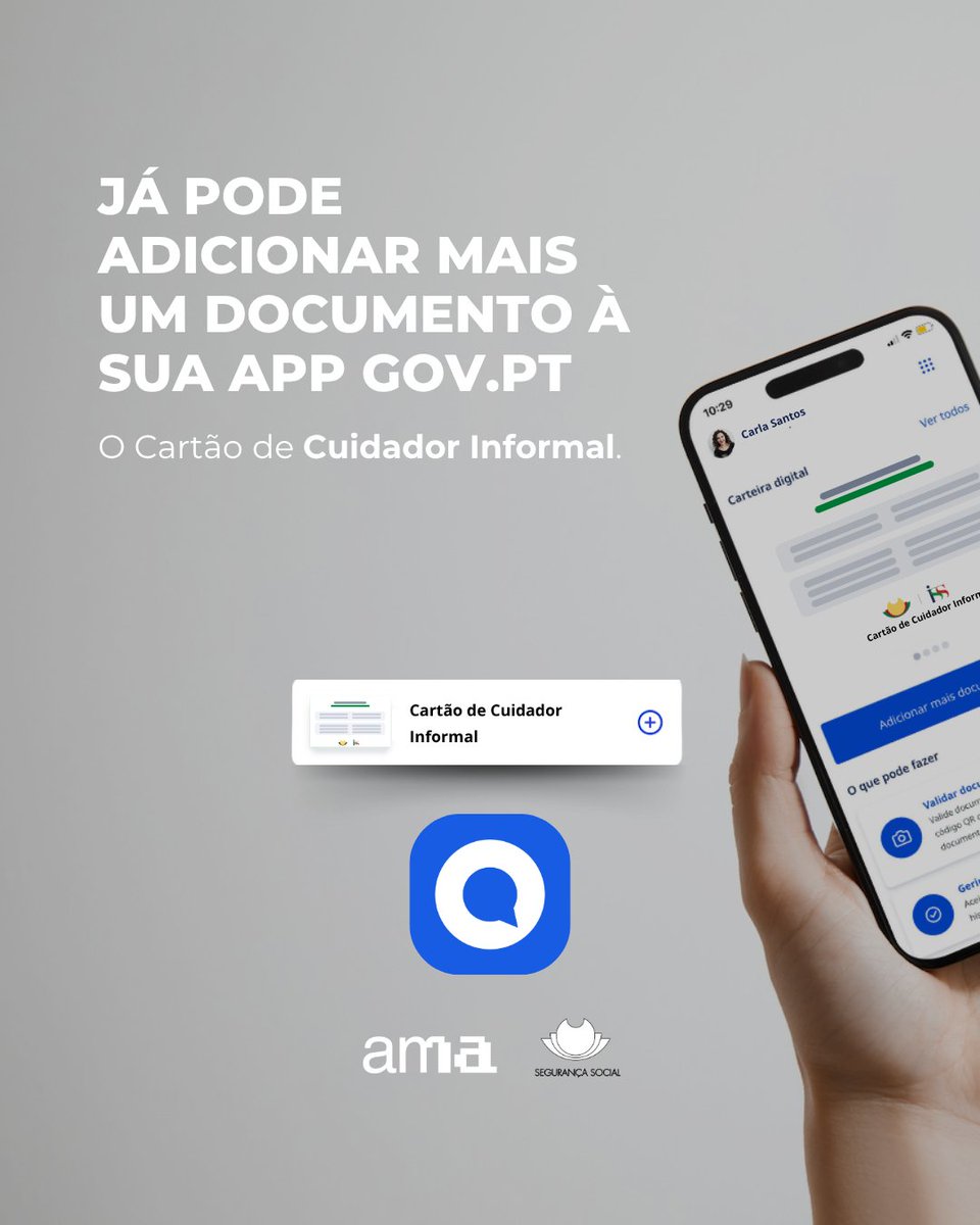 É um cuidador informal com estatuto reconhecido?
Agora já pode aceder ao seu Cartão do Cuidador Informal na carteira digital da app gov​.pt. 💳 📲

📲 Descarregue já a aplicação e obtenha o seu cartão digital.

#AMAGov #GOVPT  #CuidadorInformal #ConstruirOFuturo