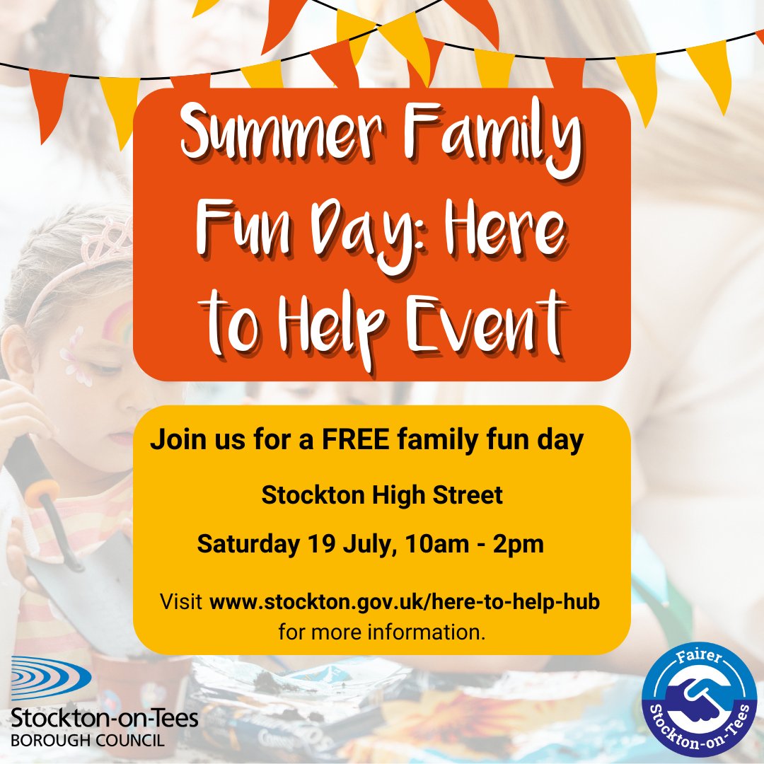 ⭐ Join us for a FREE family fun day on Saturday 19 July!

There will be a range of organisations &amp; activities at our colourful stalls: 

♻️ Eco Shop
❤️‍🩹 Health and Wellbeing support
👛 Cost of Living Support
🎨 Arts and Crafts

Visit stockton.gov.uk/here-to-help for more details.