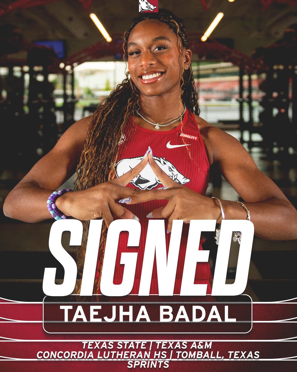Taejha Badal becomes a Razorback

2025 Sun Belt Outdoor
4th 200m, 4th 4 x 100, 6th 100m

2025 Sun Belt Indoor
1st 200m, 3rd DMR, 5th 60m

2024 Sun Belt Outdoor
2nd 200m, 2nd 4 x 100, 5th 100m

2024 Sun Belt Indoor
2nd 200m, 4th 60m