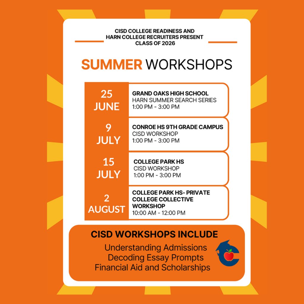 ACESCISD's tweet image. This summer, Conroe ISD will host college workshops and college fairs for rising seniors (Class of 2026). The first event is June 25 at Grand Oaks High School! For more information, contact CISD College Readiness at 936-709-7846.