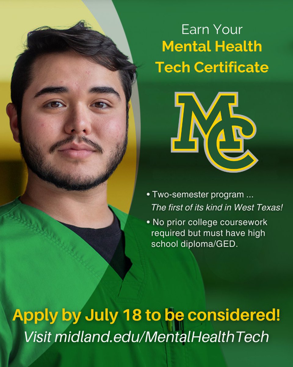 Looking for a career that makes a difference?
MC’s Behavioral Health Technician program can help you support individuals with mental health and developmental needs.

Apply by July 18 — interviews run July 21 to Aug. 1

👉 Learn more: midland.edu/mentalhealthte…