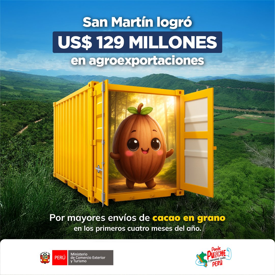 🚢🌱 ¡Cacao: orgullo amazónico! 
Las agroexportaciones de la región San Martín crecieron 74,1%, alcanzando los US$ 129 millones en el primer cuatrimestre del 2025, gracias al esfuerzo de nuestros agricultores y a productos de alto valor, como el cacao en grano, que hoy conquista