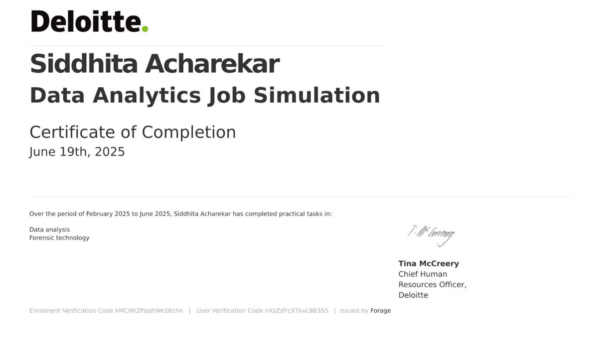 Siddhita_19's tweet photo. Just completed the Deloitte Australia Data Analytics Virtual Internship on @Forage!
✅ Built a Tableau dashboard
✅ Analyzed forensic data
✅ Used Excel for classification & insights
#DataAnalytics #DataScience #BeginnerDataAnalyst #Tableau #Excel #Forage #Deloitte #opentowork https://t.co/XrteZ1xyPC