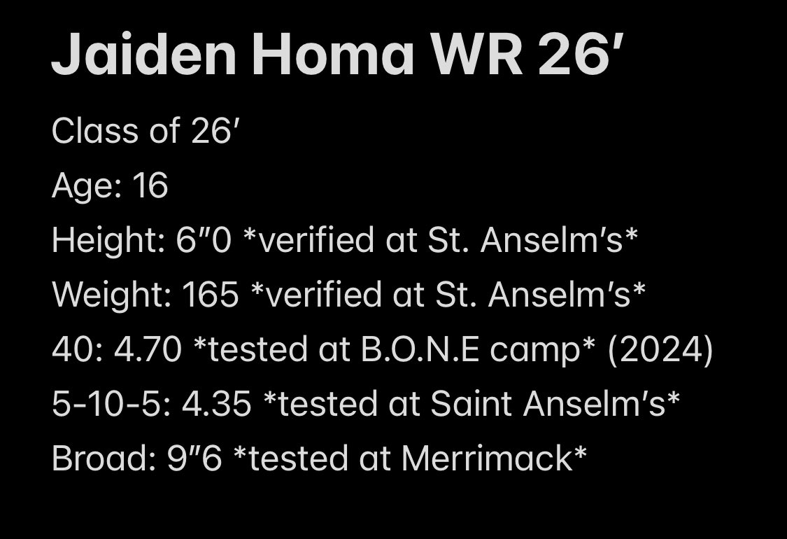 JAIDEN HOMA WR/DB '26 (@jaiden_homa) on Twitter photo Coaches, as I am now halfway through my summer camps, I thought I would share my best OFFICIAL testing numbers, and where they were tested. I am excited to continue improving these numbers as my camp season continues.
<a href="/MrKNoel/">Coach Noel</a>
<a href="/coachd_tgk/">Coach D</a>
<a href="/CoachJoyFB/">Dakota Joy</a>
<a href="/TGK_Grind/">TGK Athletics Recruiting</a> Coaches, as I am now halfway through my summer camps, I thought I would share my best OFFICIAL testing numbers, and where they were tested. I am excited to continue improving these numbers as my camp season continues.
<a href="/MrKNoel/">Coach Noel</a>
<a href="/coachd_tgk/">Coach D</a>
<a href="/CoachJoyFB/">Dakota Joy</a>
<a href="/TGK_Grind/">TGK Athletics Recruiting</a>