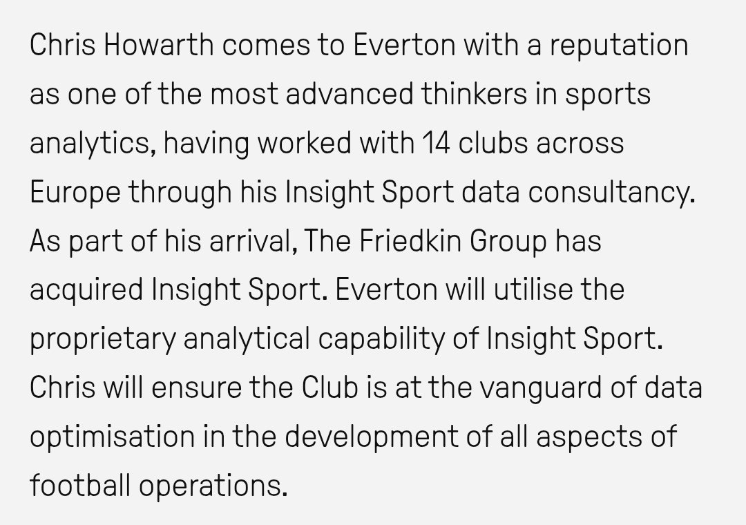 This bit from Everton's press release today is a fascinating development. The acquisition of Insight Sport by TFG as part of the overhaul of the club structure is intriguing.  Potentially, this is "moneyball" territory. 

Furthemore, TFG are building a proper football group by