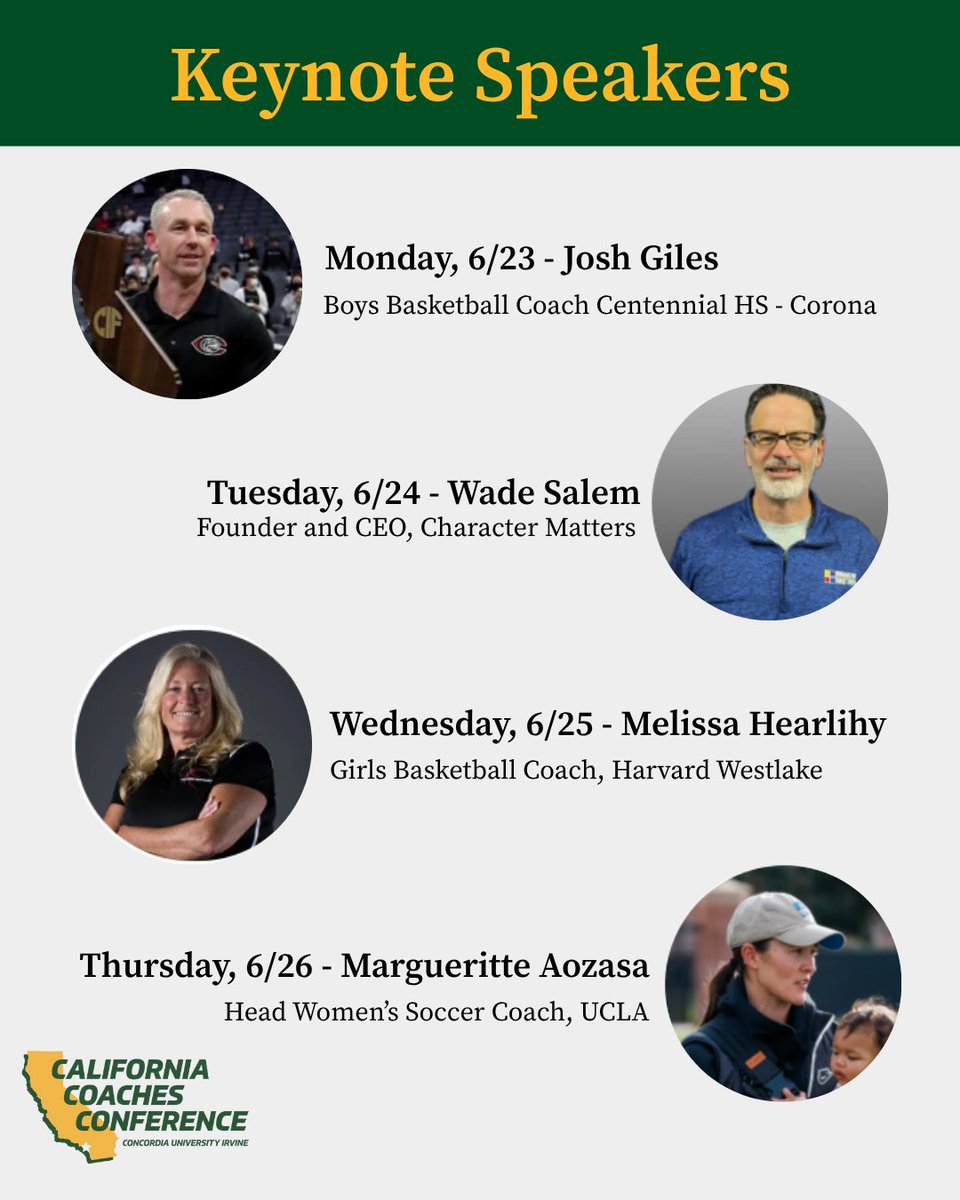 🎤 Meet our 2025 Keynote Speakers! 
We’re thrilled to welcome an all-star lineup to the California Coaches Conference at Concordia University Irvine! For more information, follow the link below:

bit.ly/4a27qut