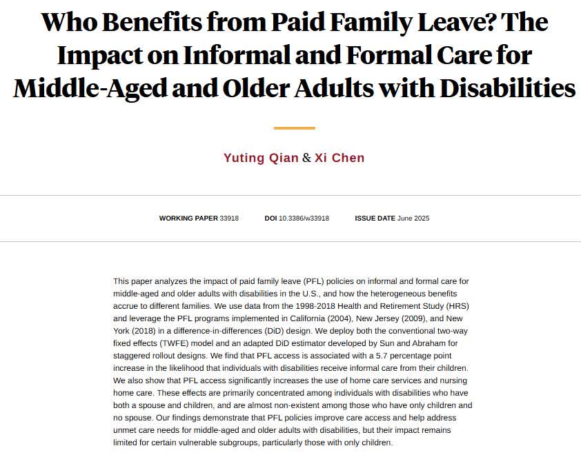 NBER (@nberpubs) on Twitter photo Paid family leave increases informal care from children, as well as use of home care services and nursing home care. These effects are primarily driven by individuals with spouses, from <a href="/Yuting_Qian_/">Yuting Qian</a> and <a href="/xcyale/">Xi Chen | 陈希</a> nber.org/papers/w33918 Paid family leave increases informal care from children, as well as use of home care services and nursing home care. These effects are primarily driven by individuals with spouses, from <a href="/Yuting_Qian_/">Yuting Qian</a> and <a href="/xcyale/">Xi Chen | 陈希</a> nber.org/papers/w33918