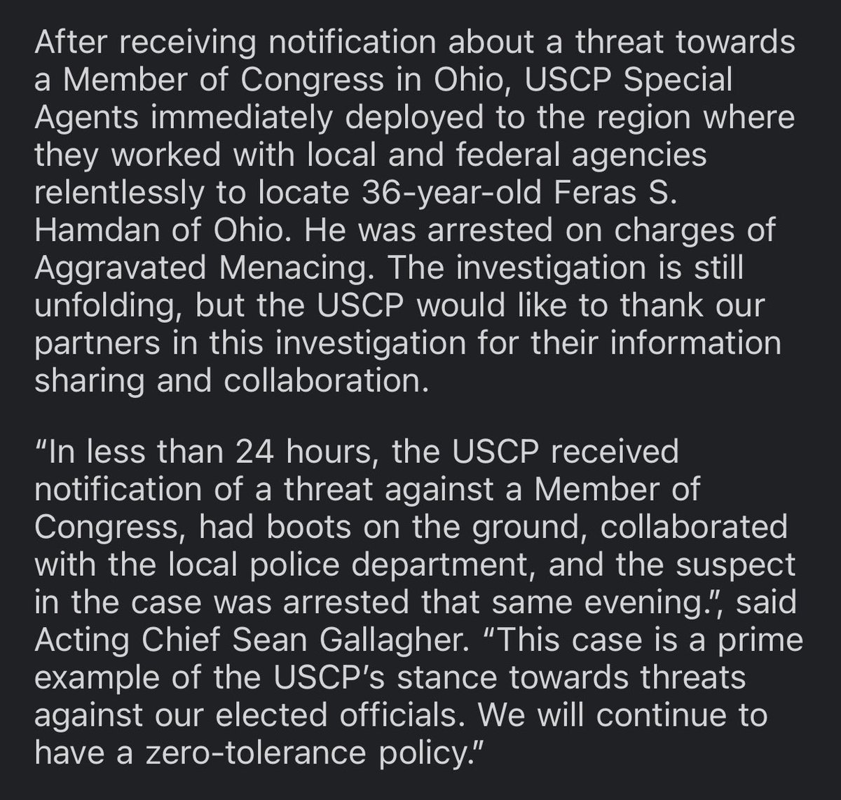 NEW: Capitol Police say they have arrested the man Rep. Max Miller accused of running him off the road and threatening him — ID’d as 36-year-old Feras S. Hamdan — and charged him with aggravated menacing.

Full statement and story TK: