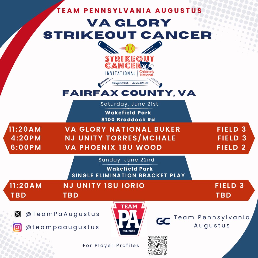 Heading down to the VA Glory Strikeout Cancer Invitational this weekend! Schedule below👇#EARNIT #teampaproud <a href="/TeamPaAugustus/">Team PA Augustus</a> <a href="/teampafastpitch/">Team Pennsylvania Fastpitch</a> <a href="/CoachVUCONN/">Laura Valentino</a> <a href="/CoachMacUCONN/">Mackenzie Keyes</a> <a href="/UofL_CoachHolly/">Holly Aprile</a> <a href="/CoachMFrezzotti/">Magali Frezzotti</a> <a href="/coachmegsmith/">Megan Smith Lyon</a> <a href="/sdoepking11/">Shannon</a> <a href="/Coach_McCool/">Gina McCool</a> <a href="/coach_crowell/">Clarisa Crowell</a> <a href="/ABaggetta/">Adrianna Baggetta</a>