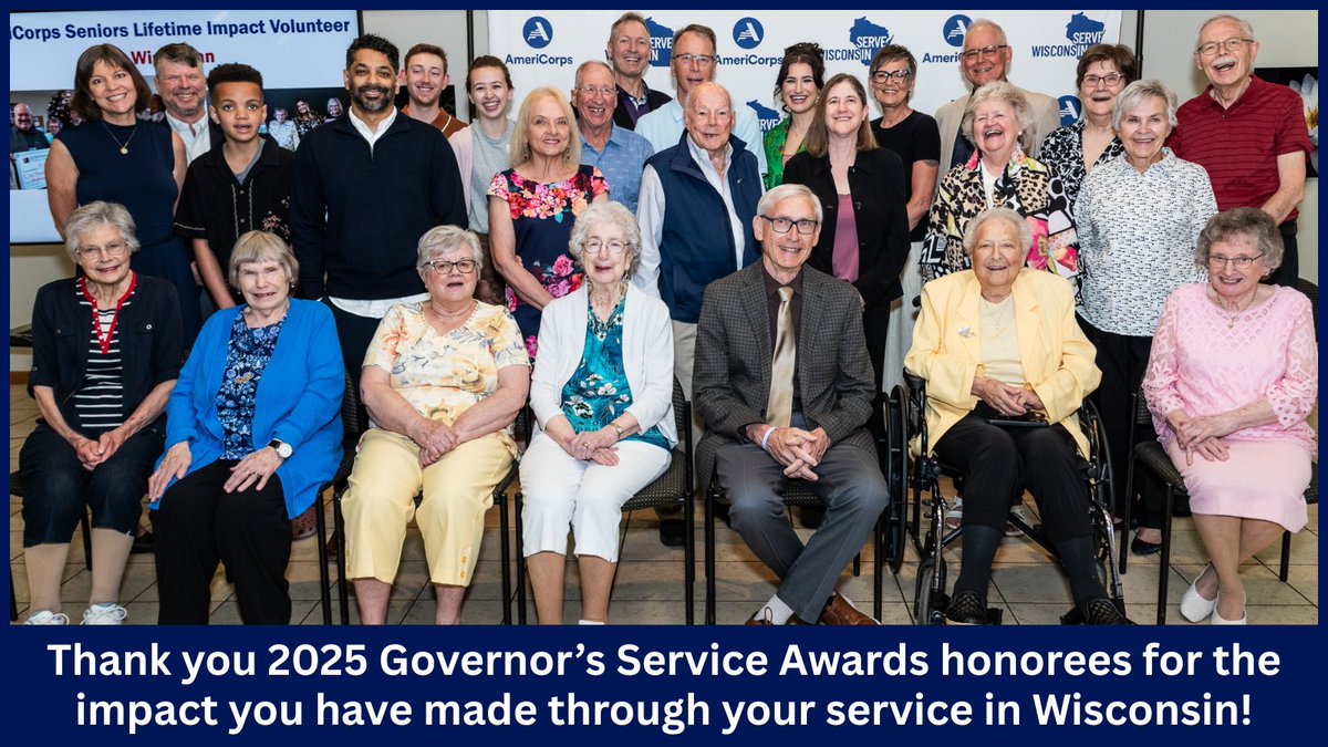 ServeWisconsin's tweet image. Wrapping up our daily spotlights on 2025 Governor’s Service Awards honorees with big thank you to them for their #ServiceinWI!
Thank you also @GovEvers for your support of service here in Wisconsin and to all of the legislators who recognized the honorees from their district.