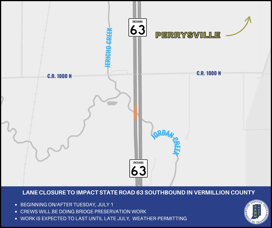 The right southbound lane of State Road 63 over Jordan Creek will have single-lane closures beginning on or after Thursday, July 1. 🚧🌁🚧
For more information, visit: bit.ly/44d2lxH