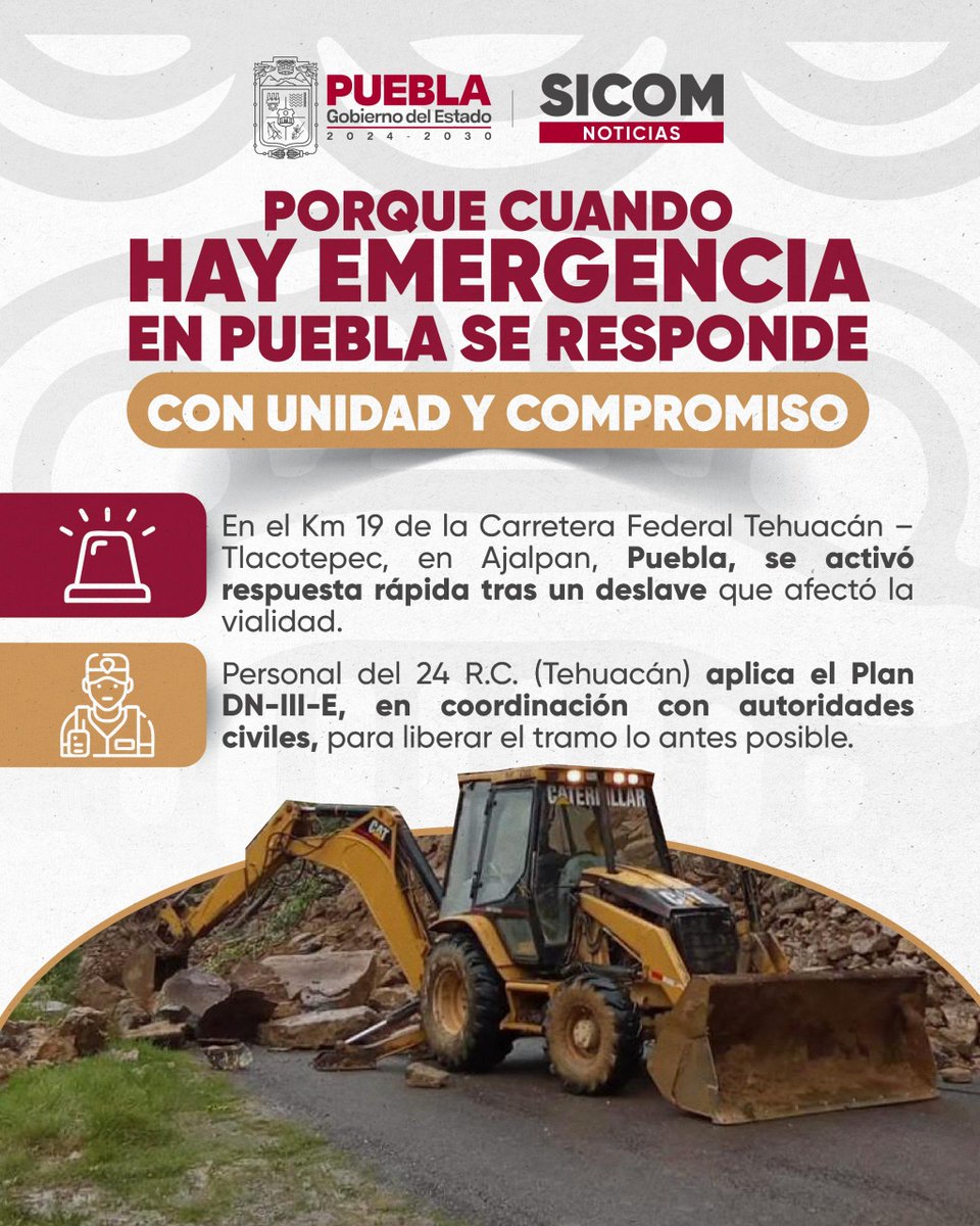 Gobierno de Puebla (@gob_puebla) on Twitter photo 🚨 Atención inmediata con unidad y compromiso 💪
Respondemos de manera rápida en Ajalpan, tras el deslave que afectó la carretera federal Tehuacán -Tlacotepec.
Gracias al trabajo coordinado con <a href="/Defensamx1/">@Defensamx</a>, se realizaron labores para liberar el tramo lo antes posible y 🚨 Atención inmediata con unidad y compromiso 💪
Respondemos de manera rápida en Ajalpan, tras el deslave que afectó la carretera federal Tehuacán -Tlacotepec.
Gracias al trabajo coordinado con <a href="/Defensamx1/">@Defensamx</a>, se realizaron labores para liberar el tramo lo antes posible y