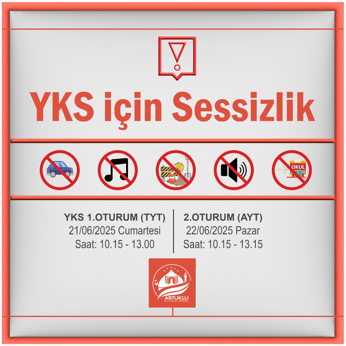 #YKS için Sessizlik 🤫

#SessizİlçeArtuklu #YKS2025 #GeleceğeDestek #AYT #TYT