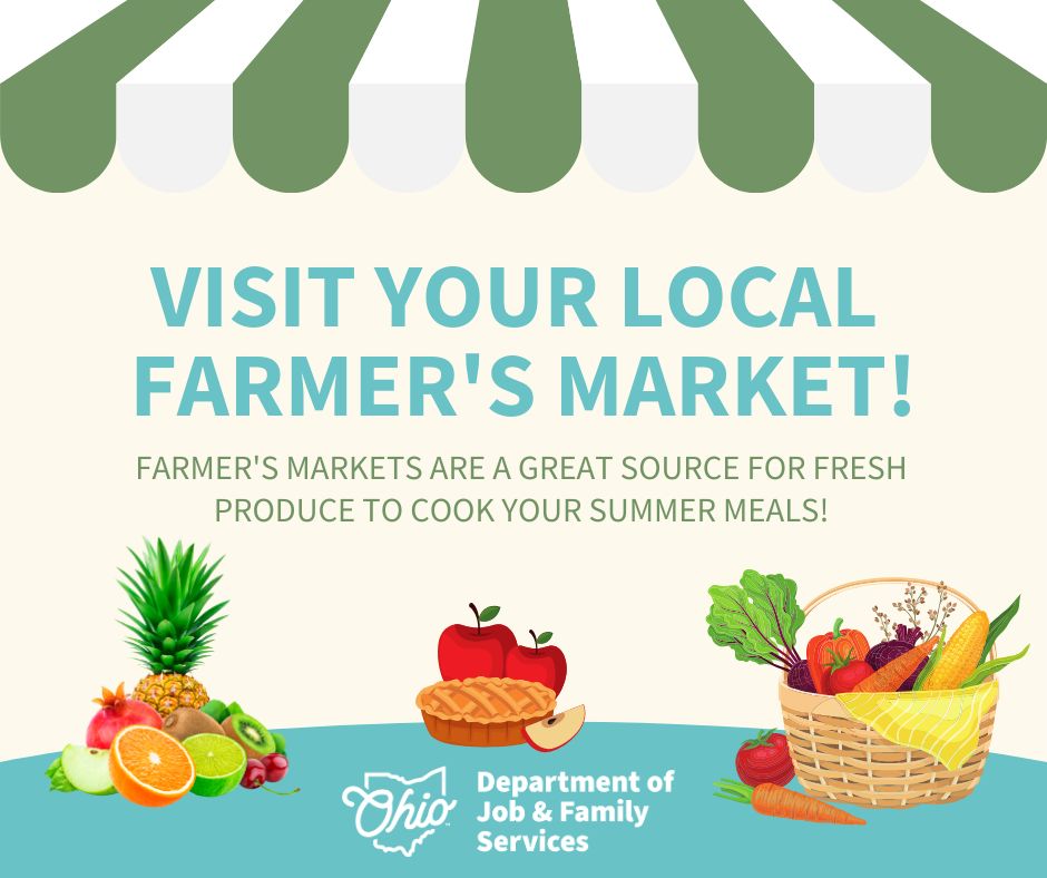 Department of Job and Family Services: Looking for fresh, affordable produce for your summer meals? Try your local farmers' market. Most Ohio farmers' markets accept SNAP. Visit here to find one near you: bit.ly/4baaK6T