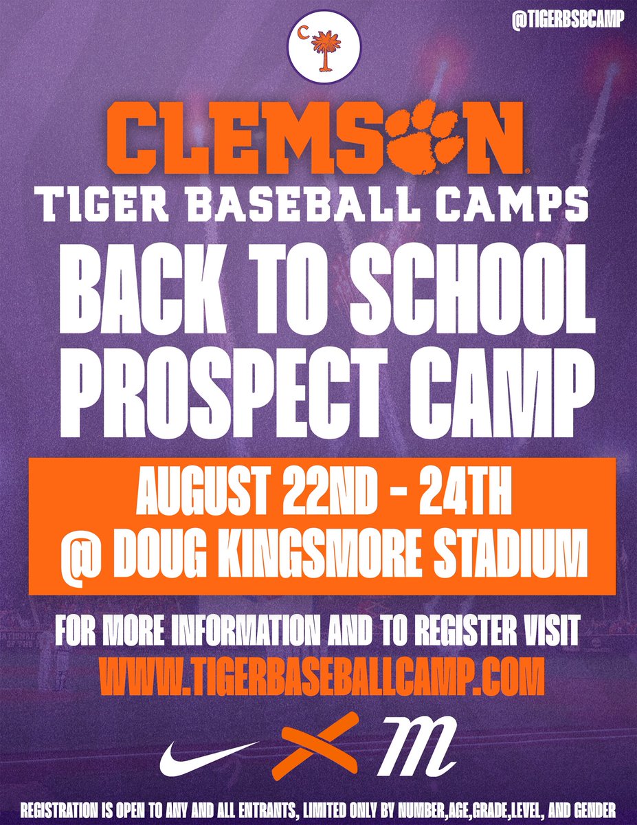 Our summer prospect camp is now live! Registration and more information can be found at: clemsonbaseballcamp.com!