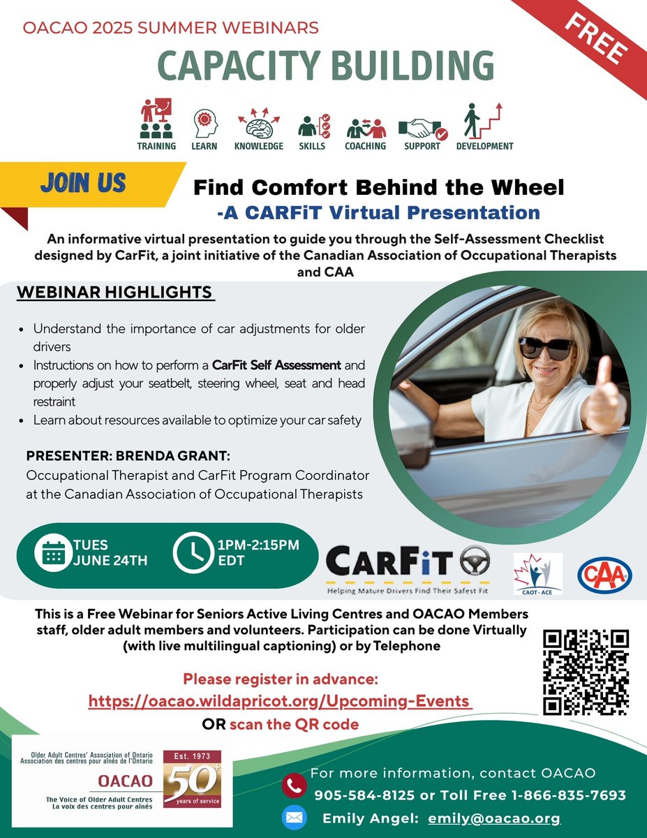 TheOACAO's tweet image. ๐ OACAO Webinar โ Find Comfort Behind the Wheel
Learn how older adults can optimize car safety with a CarFit!
๐
June 24 | ๐ 1โ2:15 PM EDT
๐ฏ For OACAO Members, their clients and SALC Programs.
๐ Register: ow.ly/PBZy50We4Bk
#OACAO #CarFit #SeniorsSafety #HealthyAging