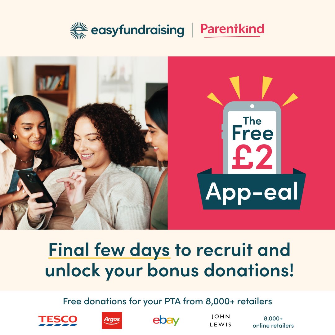 😱 Final few days of the Free £2 App-eal! 😱

Don’t miss out on £2 donations for every person who signs up to support your PTA via the <a href="/easyuk/">easyfundraising</a> app. Ends 30.06 tinyurl.com/3punp6s8