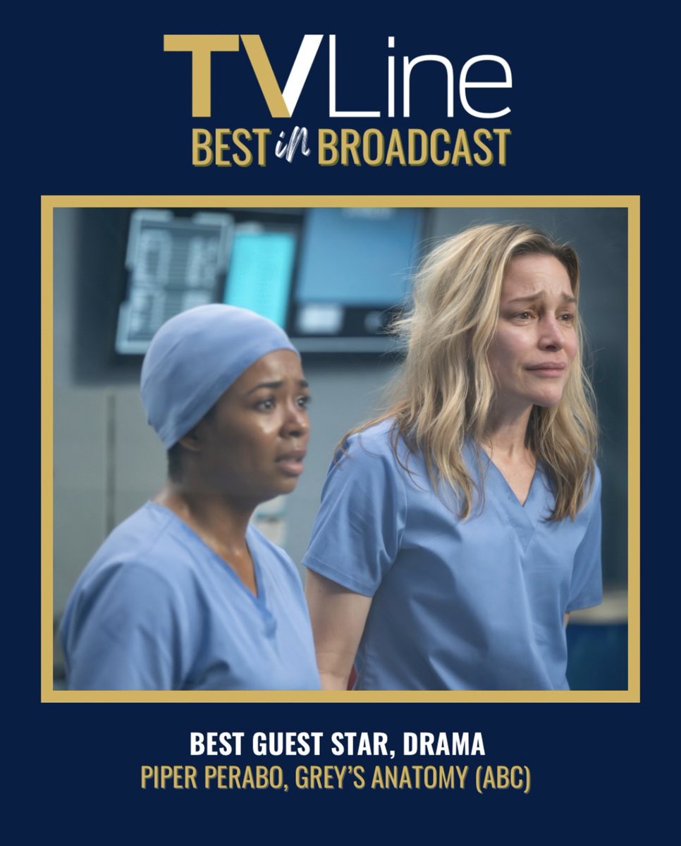 GreysTvNews's tweet image. Piper Perabo is the recipient of the TVLine Best in Broadcast award for Best Guest Star (Drama) for her role in the last 3 episodes of #GreysAnatomy Season 21