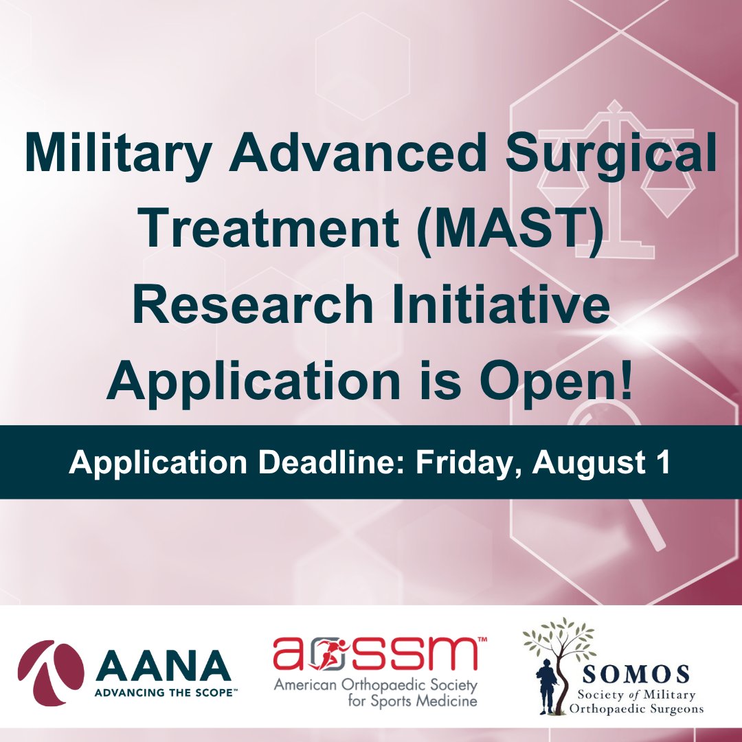 AANA (@aanaorg) on Twitter photo AANA, in collaboration with <a href="/aossm1972/">AOSSM</a> and <a href="/MilOrtho/">Society of Military Orthopaedic Surgeons</a>, has opened the application process for the MAST Summit Research Initiative. Proposals for the grant support advancement in biologics, surgical skills development, return to sport or duty, or patient-reported outcomes. Submit AANA, in collaboration with <a href="/aossm1972/">AOSSM</a> and <a href="/MilOrtho/">Society of Military Orthopaedic Surgeons</a>, has opened the application process for the MAST Summit Research Initiative. Proposals for the grant support advancement in biologics, surgical skills development, return to sport or duty, or patient-reported outcomes. Submit