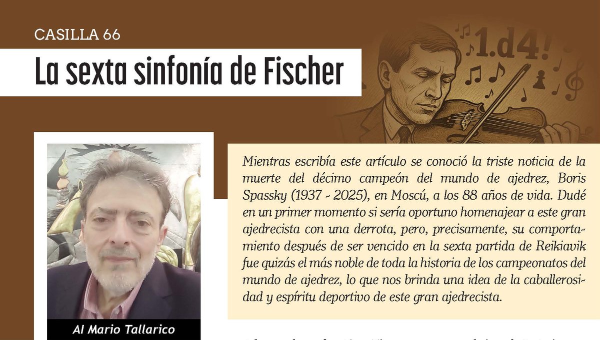 revistaPDR's tweet image. ♟️ Nuevo Peón de Rey nº 176 (may-jun 2025) Mario Tallarico revive la mítica 6ª partida del match Fischer–Spassky: una obra maestra donde cada jugada es música en el tablero. 🛒 tinyurl.com/3rkamhum 🙏 RT 💝 #suscripcionPDR #PDR176