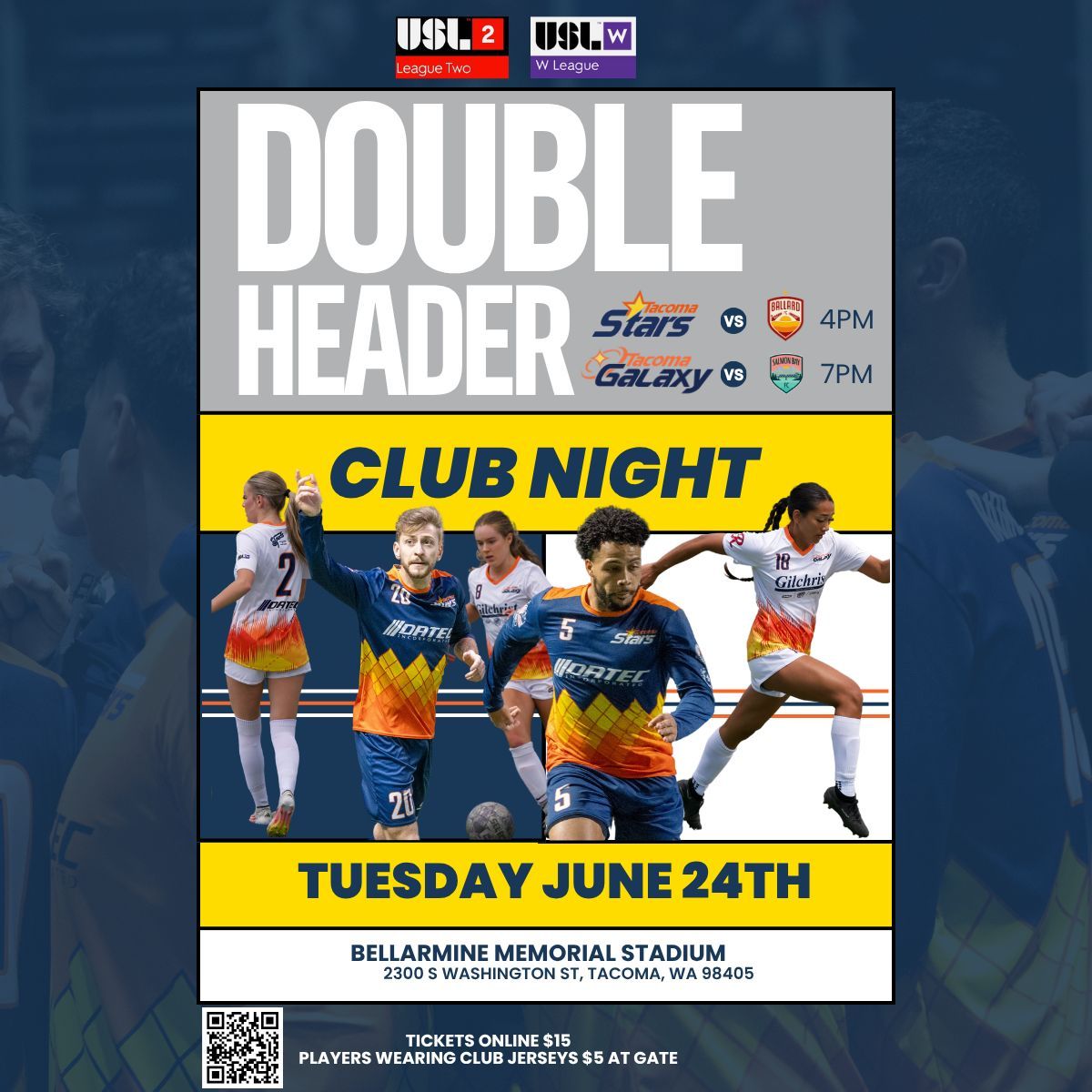 Mark your calendars and join us for a thrilling Club Night as we invite local club teams to rally behind the Stars and Galaxy in USL competition at Bellarmine Memorial Stadium. We are excited to host our friends from the north, Ballard FC &amp; Salmon Bay FC.

📆 Tuesday, June 24th