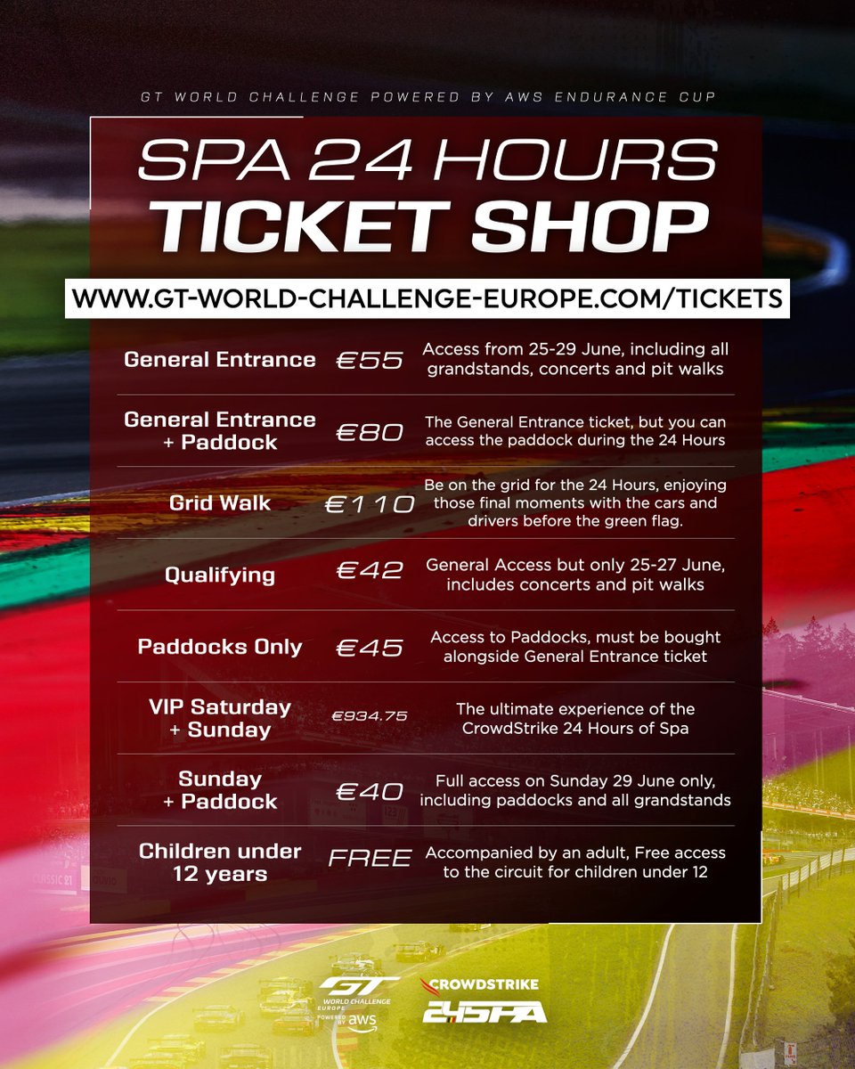 GT World Challenge Europe Powered by AWS (@gtworldcheu) on Twitter photo There's still time! ⏳🎟️
It might be just a few days to go till the GT World Challenge field arrive in the Ardennes, but there's still time for you to get your tickets.
🎟️ Get yours at: gt-world-challenge-europe.com/tickets 🔗
<a href="/24HoursofSpa/">CrowdStrike 24Hours of Spa</a> | #GTWorldEurope There's still time! ⏳🎟️
It might be just a few days to go till the GT World Challenge field arrive in the Ardennes, but there's still time for you to get your tickets.
🎟️ Get yours at: gt-world-challenge-europe.com/tickets 🔗
<a href="/24HoursofSpa/">CrowdStrike 24Hours of Spa</a> | #GTWorldEurope