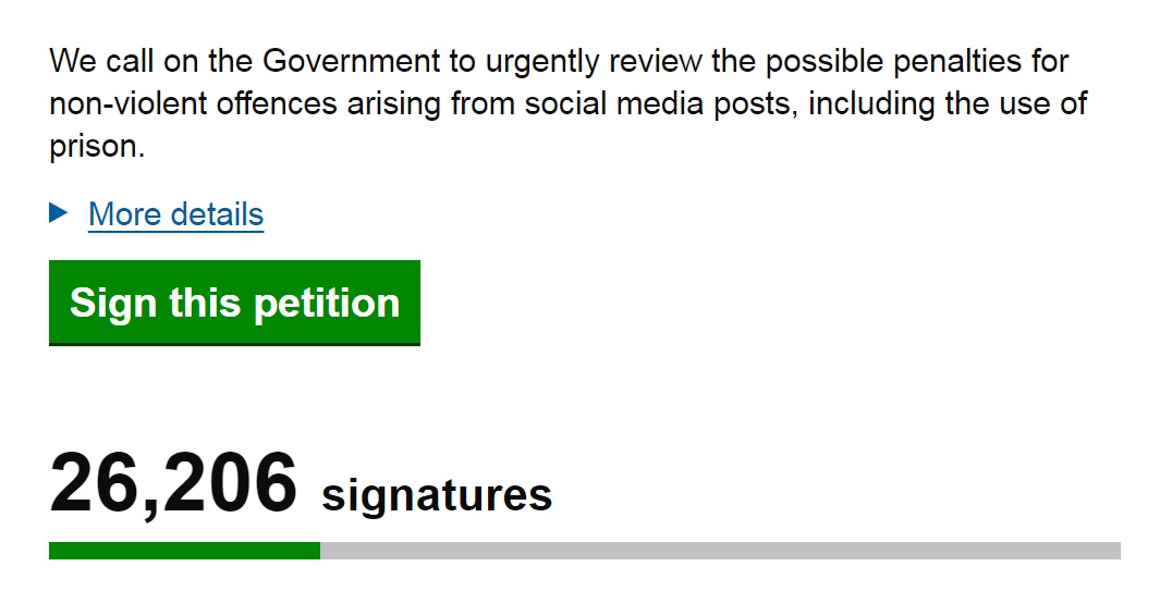 Lady Rebecca 🍸 🇬🇧 💃 * #ConcernedCitizen * (@ladyrebecca_1) on Twitter photo 🇬🇧 <a href="/RupertLowe10/">Rupert Lowe MP</a> is trying to force a debate in parliament about being imprisoned for online posts
Rupert's said: "Lucy Connolly & others, should NOT be in prison for stupid social media posts. Please sign & share - 100k forces a parliamentary debate. Let's do it."
It's at 26k 🇬🇧 <a href="/RupertLowe10/">Rupert Lowe MP</a> is trying to force a debate in parliament about being imprisoned for online posts
Rupert's said: "Lucy Connolly & others, should NOT be in prison for stupid social media posts. Please sign & share - 100k forces a parliamentary debate. Let's do it."
It's at 26k