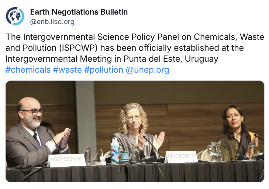 GENetwork's tweet photo. Important news from #PuntaDelEste: the establishment of the Intergovernmental Science Policy Panel on Chemicals, Waste and Pollution #ISPCWP!
Triple science-policy panels for triple planetary crisis of climate change, biodiversity loss, & pollution #IPCC #IPBES #ISPCWP https://t.co/try67YEVVK