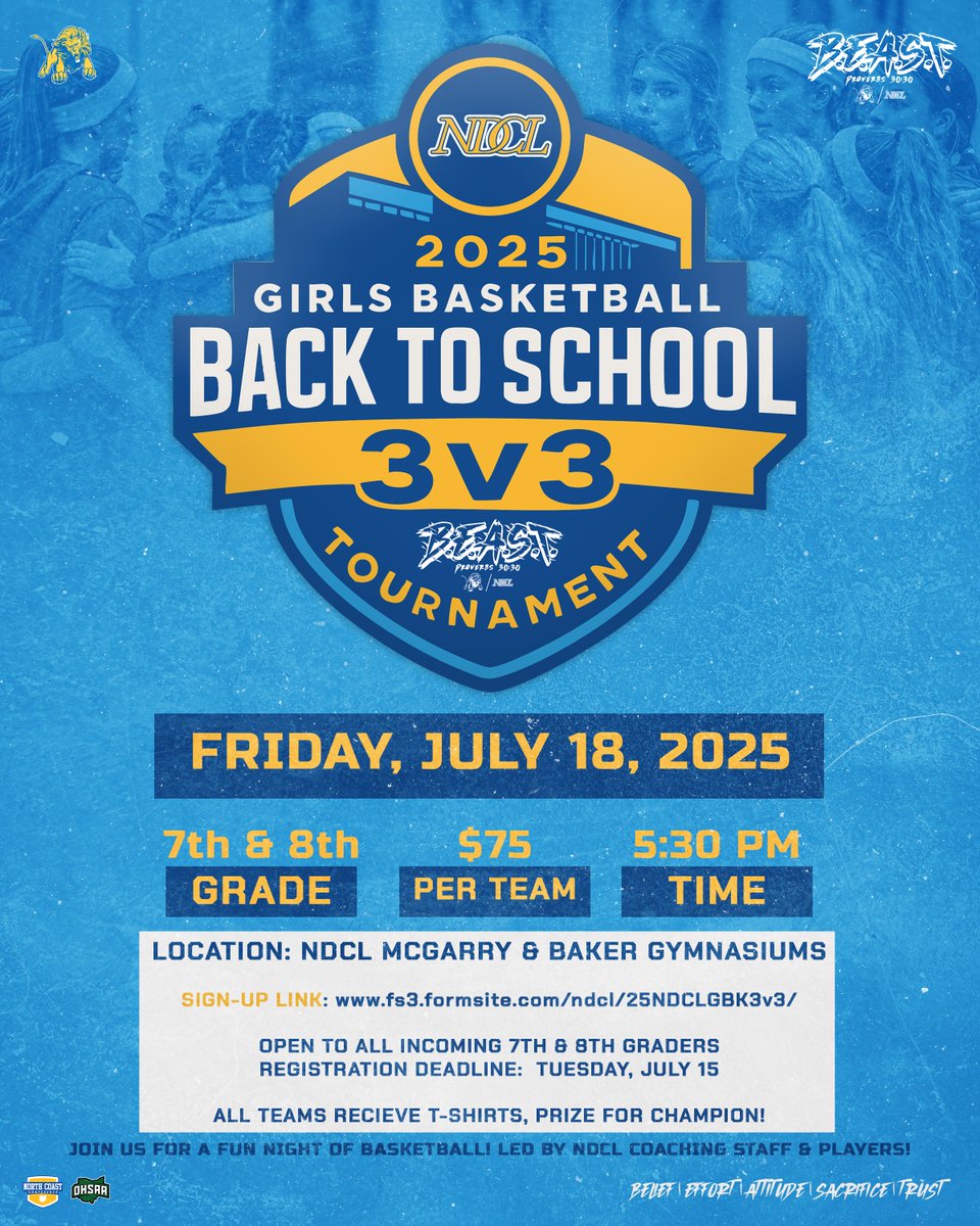 NDCL Girls Basketball (@ndcl_gbball) on Twitter photo 7TH & 8TH GRADERS‼️
Join us for the NDCL’s Girls Basketball 3v3 Back to School Tourney! 🏀
📅 July 18 | 🕠 5:30 PM
📍 NDCL 
💵 $75/team (max 4 players)
🔥 Fast-paced hoops & prizes!
📝 Register: fs3.formsite.com/ndcl/25NDCLGBK…
#WeAreNDCL |  #BEAST🦁
𝓟𝓻𝓸𝓿𝓮𝓻𝓫𝓼 30:30 7TH & 8TH GRADERS‼️
Join us for the NDCL’s Girls Basketball 3v3 Back to School Tourney! 🏀
📅 July 18 | 🕠 5:30 PM
📍 NDCL 
💵 $75/team (max 4 players)
🔥 Fast-paced hoops & prizes!
📝 Register: fs3.formsite.com/ndcl/25NDCLGBK…
#WeAreNDCL |  #BEAST🦁
𝓟𝓻𝓸𝓿𝓮𝓻𝓫𝓼 30:30