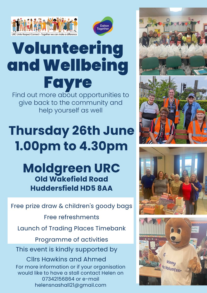 Wellbeing and Volunteering Fayre 🥳

📅 Thursday 26th June from 1:00 pm to 4:30 pm (at Moldgreen United Reformed Church, HD5 8AA).

Local groups and organisations will be in attendance, and you can sign up to become a volunteer!

#Volunteering #Dalton #Huddersfield #Community
