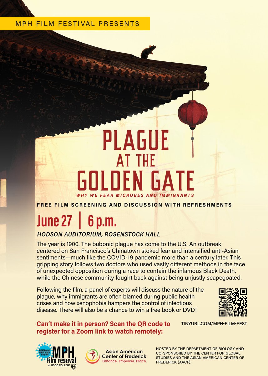 Come see "#Plague at the Golden Gate" on Jun 27
<a href="/hood_college/">Hood College</a>, starting 6 PM US Eastern. The #Microbiology, #Publichealth and #History #filmfestival goes back to 1900 when an #outbreak in #SanFrancisco's #Chinatown triggers an arbitrary #quarantine. Free to attend!
<a href="/frednewspost/">Frederick News-Post</a>