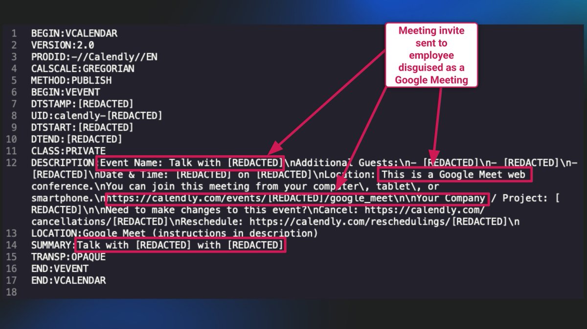 Huntress (@huntresslabs) on Twitter photo Initial access started with social engineering:
📱 Telegram DM
📆 Fake Calendly invite
🎭 Deepfake Zoom call
🧵 “The threat actor impersonated senior leadership and convinced the victim to install a malicious Zoom extension.” —<a href="/stuartjash/">Stuart Ashenbrenner 🇺🇸 🇨🇦</a> Initial access started with social engineering:
📱 Telegram DM
📆 Fake Calendly invite
🎭 Deepfake Zoom call
🧵 “The threat actor impersonated senior leadership and convinced the victim to install a malicious Zoom extension.” —<a href="/stuartjash/">Stuart Ashenbrenner 🇺🇸 🇨🇦</a>
