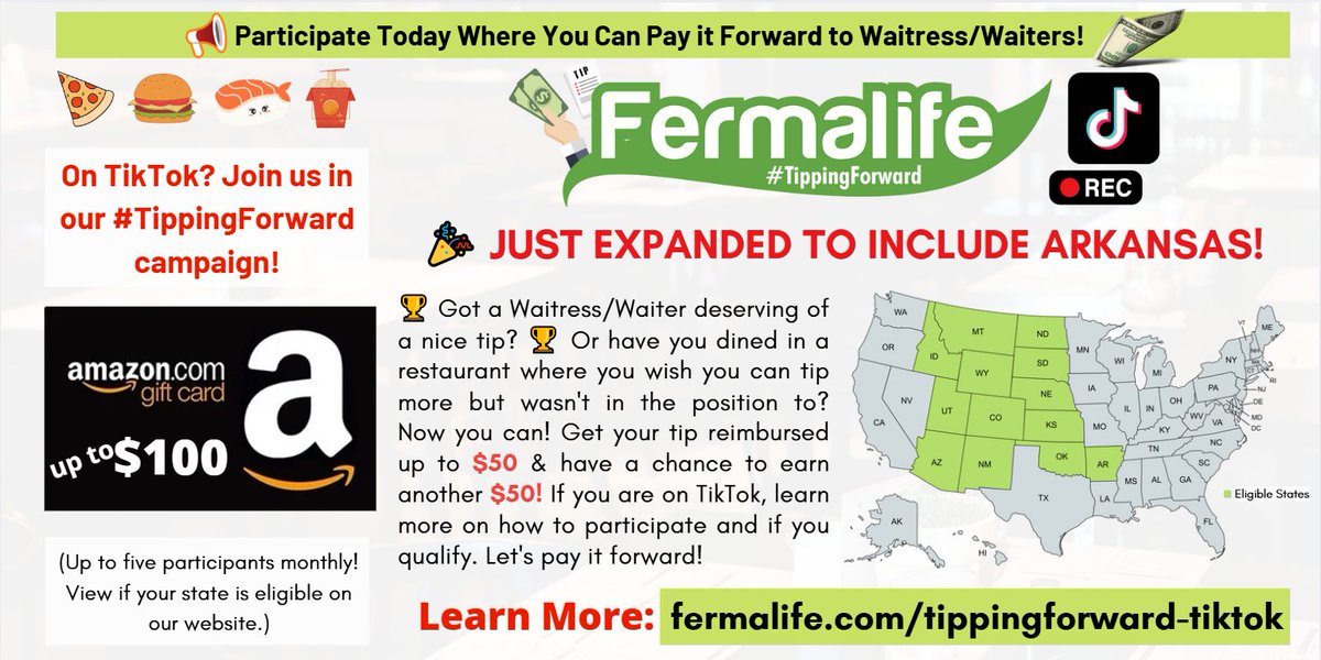 🍔Want to join our #TippingForward campaign on TikTok!?✨WE JUST EXPANDED TO INCLUDE THE STATE OF ARKANSAS✨ Got a favorite waiter/waitress deserving of a nice tip?  We will reimburse a tip you paid up to $50 with an #AmazonGiftCard! ( + an opportunity to earn another $50!)