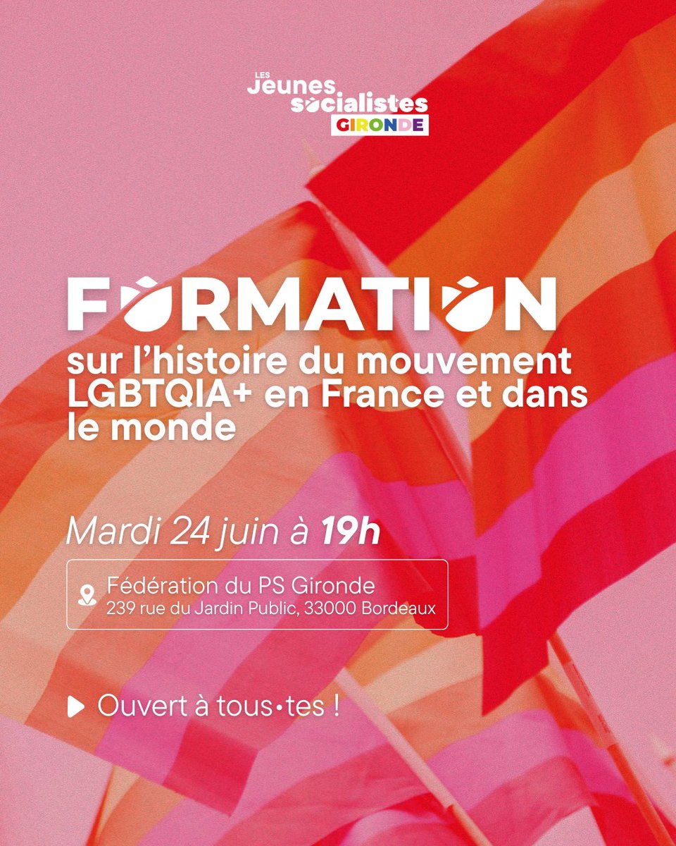 En ce mois des fiertés, rendez-vous le 24 juin à 19h pour une formation dédiée à l’Histoire du mouvement LGBTQIA+ ! 🏳️‍🌈

Cette formation est ouverte à tous·tes celles 🌹 
On vous y attend nombreux !